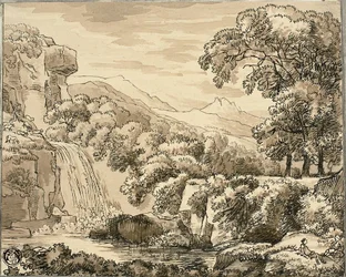 Berglandschaft mit Wasserfall und Figuren