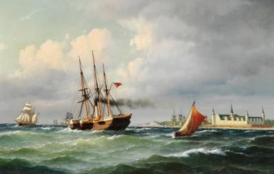 Seestück vor Kronborg mit zahlreichen Schiffen und einem Lotsenboot