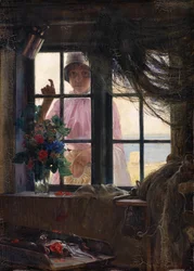 Nach dem Bad. Ein junges Mädchen klopft an das Fenster des Fischers