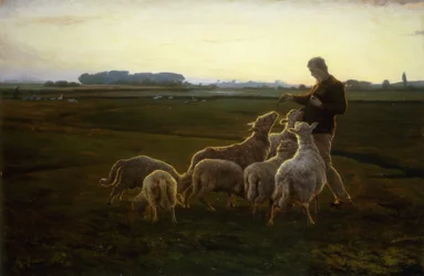 Ein Schäfer und seine Schafe mit Gänsen im Hintergrund