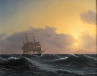 Fregatte in einem Sturm mit gerefften Segeln