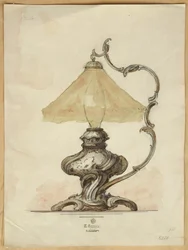 Zeichnung einer silbernen Tischlampe mit verdrehtem, gerilltem Körper im Rokoko-Stil, Haus von Carl Fabergé