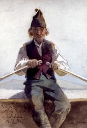 Joseph Zwenger in einem Ruderboot, Bayerische Alpen