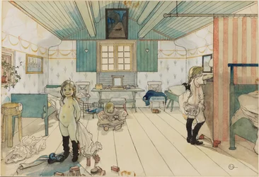 Das Zimmer der Mutter und der kleinen Mädchen. Aus Ein Zuhause (26 Aquarelle)
