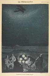 In den Schützengräben. Deutsche Soldaten, ein Flugzeug fliegt über ihnen im Nachthimmel (Gravur)