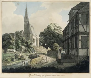 Pfarrhaus und Kirche zu Gronau im Jahr 1814