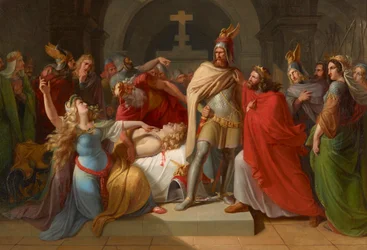 Kriemhild bei Siegfrieds Leiche erklärt Hagen zu seinem Mörder und schwört Rache