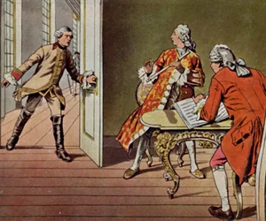 Der Kronprinz und sein Musiklehrer Quantz werden von Friedrich Wilhelm I überrascht, während sie Flöte spielen