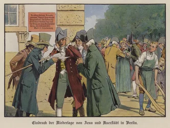 Die Wirkung der Nachricht von der Niederlage Preußens in der Schlacht bei Jena-Auerstedt auf den Straßen Berlins (Farblithografie)