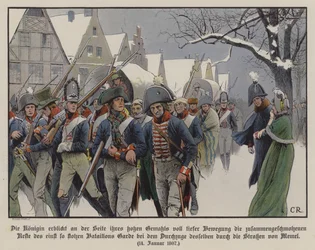 Der Rest der preußischen Armee marschiert an König Friedrich Wilhelm III. und Königin Luise durch die Straßen von Memel vorbei
