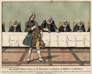 Ein preußischer Offizier fordert die Schlüssel der Stadt vom Bürgermeister von Gruneberg