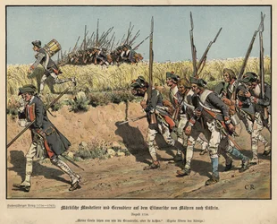 Preußische Musketiere und Grenadiere auf dem Marsch von Mähren nach Küstrin