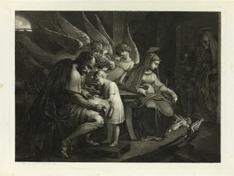 Die Heilige Familie beschäftigt zu Hause: Joseph lehrt den Jungen Jesus lesen. Maria füttert die Tauben. Elisabeth betritt den Raum mit Johannes