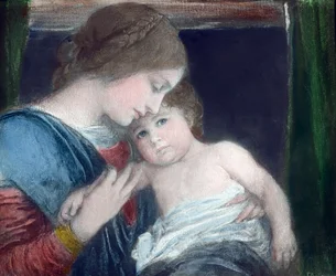 Mutter mit Kind von dem deutschen Historienmaler Friedrich August von Kaulbach (1850 - 1920). Pastell auf Karton, gemalt im Jahr 1900. Carl Simon Archiv
