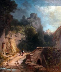 Gebirgslandschaft mit Brücke und Burg