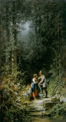 Jäger und Sennerin am Waldbrunnen