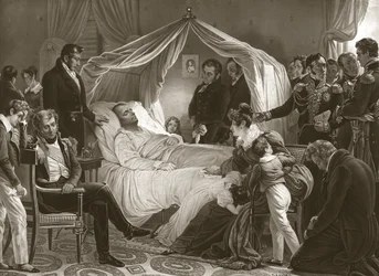 Napoleon auf seinem Sterbebett, 5. Mai 1821, publ. Gravur