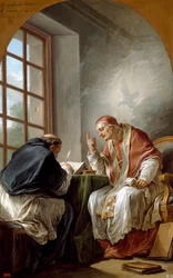 ""Heiliger Gregor, genannt Gregor I. der Große (540-604), Papst und Kirchenlehrer, diktiert seine Homilien"" Er wird inspiriert vom Heiligen Geist, symbolisiert durch eine Taube. Gemälde von Carle Van Loo (1705-1765) 1764