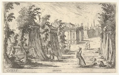 Ansicht mit einem Mann im Turban und einem Löwen rechts, Zelte und klassische Architektur, 1680-1710