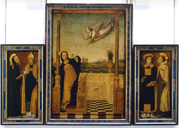 Altarbild der Verkündigung mit St. Benedikt, St. Augustinus, St. Stephan und St. Angelo