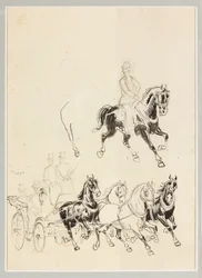 Vorbereitende Studie für Kutsche und Pferde (Tusche und Bleistiftzeichnung auf Papier)