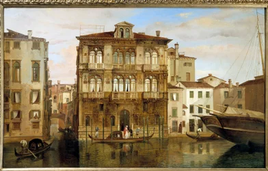 Maria Taglioni in einer Gondel vor ihrem Gebäude in Venedig