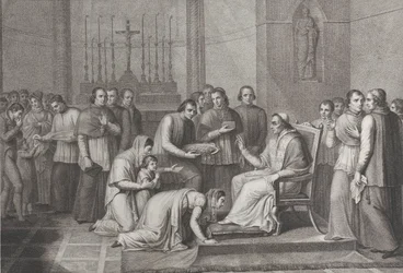Eine Frau kniet, um den Fuß von Papst Pius VII. zu küssen, mit einer Menge hinter ihr links, 1814-50