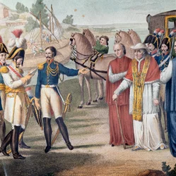 Papst Pius VII. wurde bei seiner Rückkehr nach Italien von der austro-neapolitanischen Armee in der Nähe von Parma am 25. März 1814 verhaftet. Gravur von Carlo Lasinio - Farblithographie