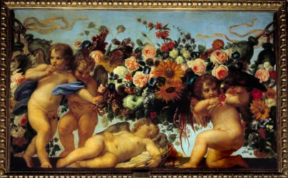 Liebe und Blumengirlanden. Ein Engel gibt einem Vogel Beeren, während ein anderer das Zeichen gibt, still zu sein, um einen dritten schlafenden Engel nicht zu wecken