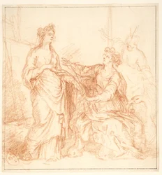 Allegorische Komposition mit drei weiblichen Figuren vor einem Bild auf einer Staffelei, eine mit einer Maske zu ihren Füßen, eine andere begleitet von einem Schwan