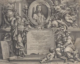 Frontispiz mit ovalem Porträt von Raphael, mit drei allegorischen Figuren der Künste, 1675