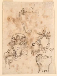 Zeichnung, Skizzen für Rahmen und Wappenschilder, 1758–69