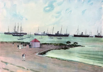 Erbeutete spanische Schiffe vor Anker im Man-of-War-Hafen, Key West. - Blick von der Esplanade in der Nähe der US-Armeekaserne