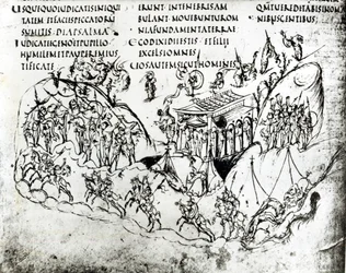Verschiedene Szenen zur Illustration eines Psalms aus dem Utrechter Psalter, einer Kopie des Originals aus Reims, die sich heute in der Universitätsbibliothek Utrecht befindet