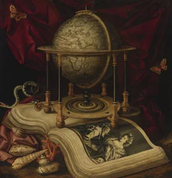 Vanitas Stillleben mit einem Erdglobus, einem Buch, Muscheln, einer Schlange und Schmetterlingen