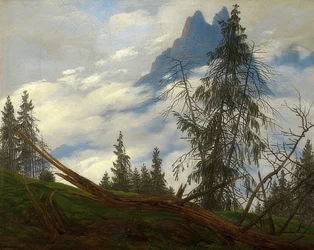 Berggipfel mit ziehenden Wolken. Um 1835