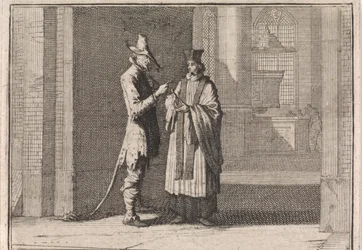Pastor im Gespräch mit dem Teufel vor dem Eingang einer Kirche