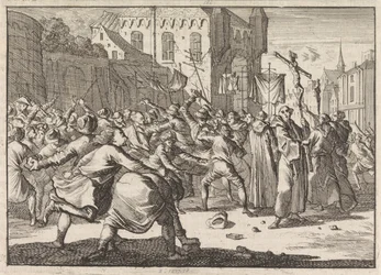 In Danzig wird eine Prozession mit Steinwürfen vom Volk begrüßt, 1678