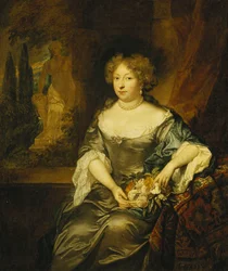 Porträt einer Dame, sitzend, kleine Dreiviertelfigur, in einem grauen Satinkleid, hält einen Korb mit Blumen vor einem Fenster, eine Statue in einem Park dahinter