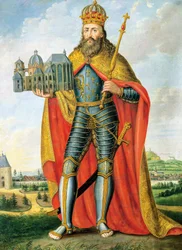 Porträt von Karl dem Großen (742 - Aachen, 814), König der Franken und Langobarden und Kaiser des Heiligen Römischen Reiches, stehend mit Modell der Pfalzkapelle, Gemälde von Scheuren