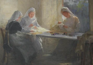 Kensington War Hospital Supply Depot (Kensington Square), Drei Krankenschwestern sitzen an einem Tisch und nähen, um 1916