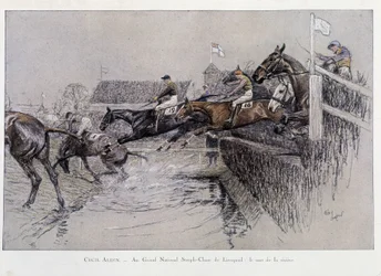 Das Grand National Steeple Chase in Liverpool: Der Sprung über den Fluss - Zeichnung von Cecil Adlin