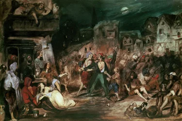 Gringoire im Hof der Wunder, Illustration aus Kapitel VI von Victor Hugos (1802-85) „Der Glöckner von Notre-Dame“, 1835