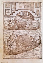 Gondeln in der Lagune von Venedig im 15. Jahrhundert. Gravur aus „Degli abiti antichi e moderni“ von Cesare Vecellio (1521-1601) 1590 Venedig, Biblioteca Marciana