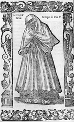 Renaissance: eine Kurtisane zur Zeit von Papst Pius V. (1566-1572). Gravur aus „Modern und Ancient Costumes“ von Cesare Vecellio