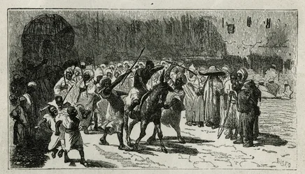Die Bestrafung eines Diebes, er steigt auf ein Maultier, er erhält Schläge unter dem Gejohle der Menge, Gravur von C. Biseo, zur Illustration der Geschichte „Le Maroc“ von Edmondo de Amicis, 1875, veröffentlicht in „Le tour du monde“, unter der Leitung von