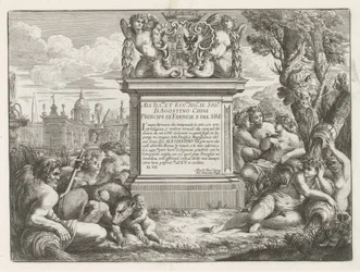 Widmung an und Wappen von Agostino Chigi und Ansicht von Rom
