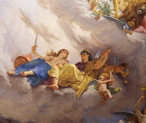 Detail (Allegorie Italiens), Fresko von Cesare Mariani, Decke, Saal der Mehrheit, Palazzo delle Finanze, Rom, Italien