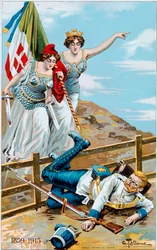 Erster Weltkrieg: Plakat, das eine Allegorie von Italien und Frankreich zeigt, die Deutschland über die Grenze jagen