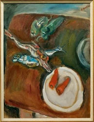 Stillleben mit Fisch, Paprika und Karotten, ca. 1918